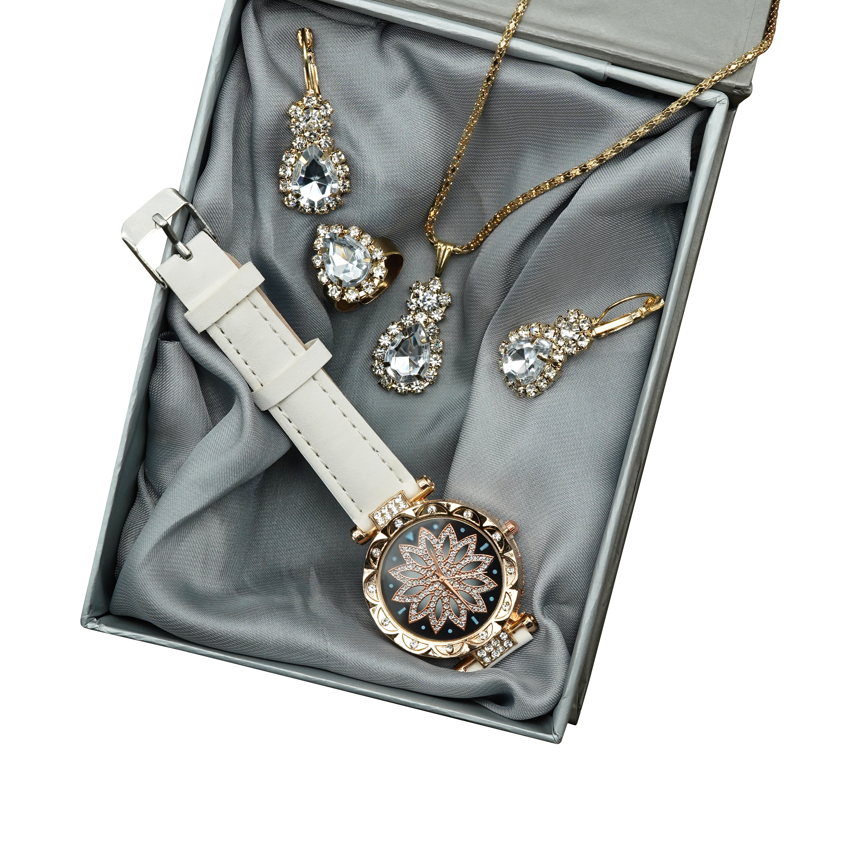 Opaluxe 5-Piece WomAen's Analog Watch Set with Rings,Earrings and Necklace