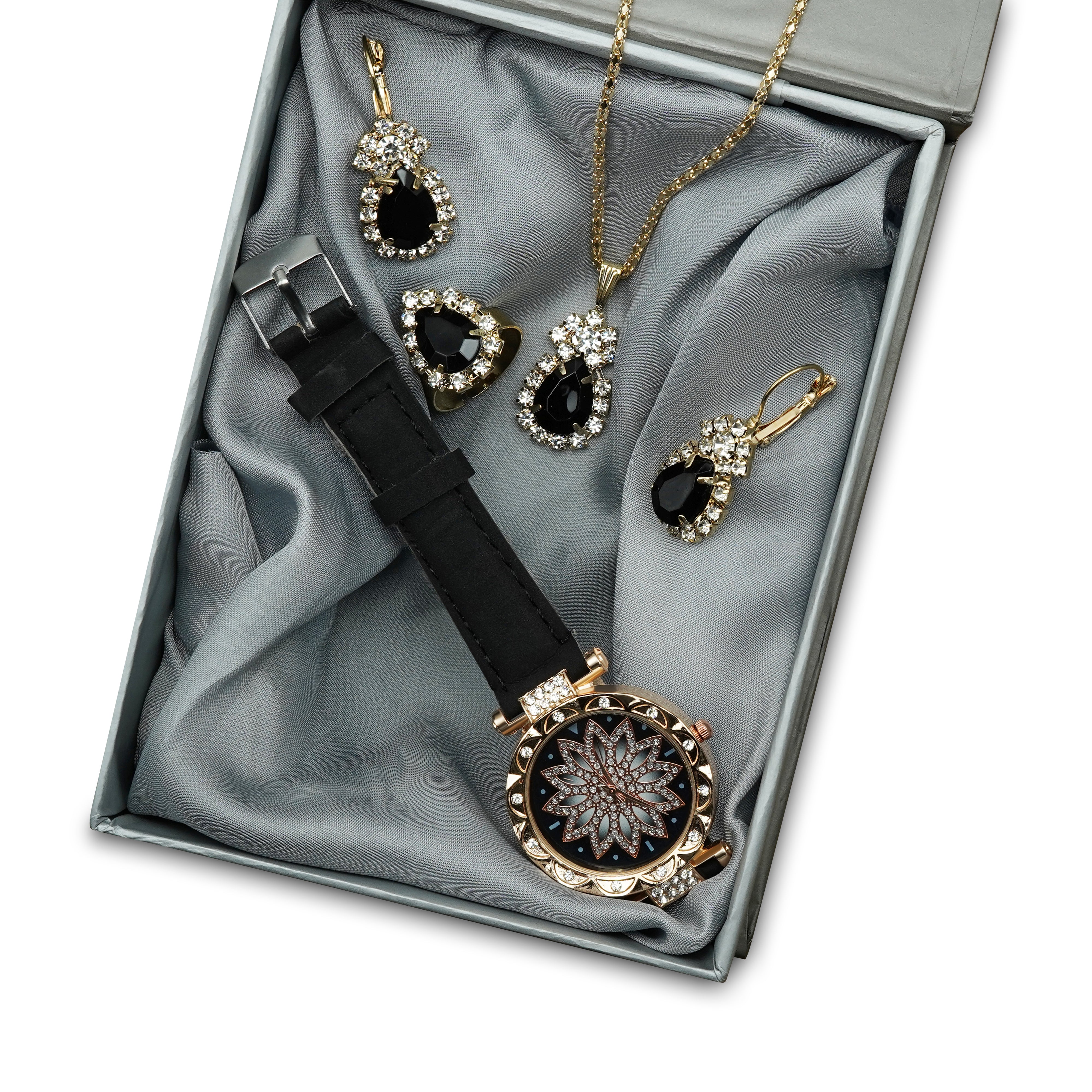 Opaluxe 5-Piece WomAen's Analog Watch Set with Rings,Earrings and Necklace