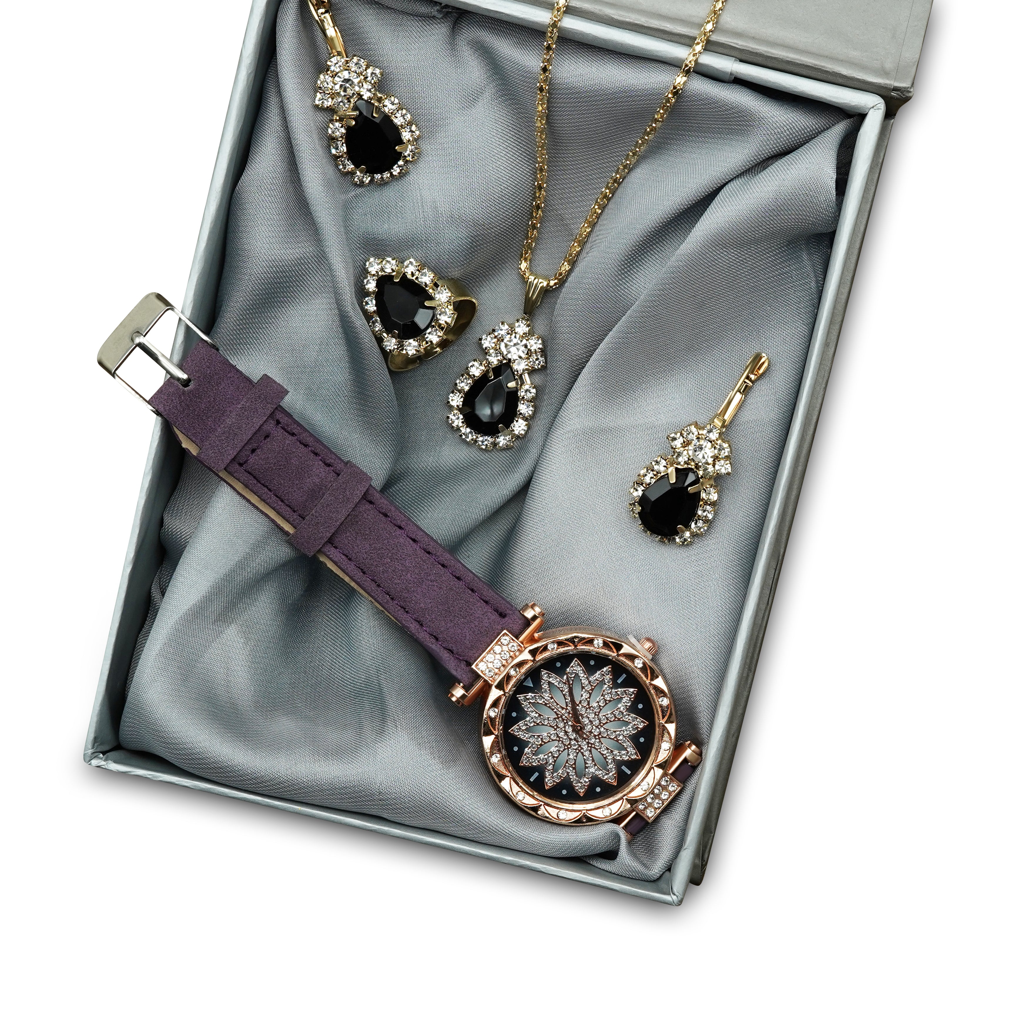 Opaluxe 5-Piece WomAen's Analog Watch Set with Rings,Earrings and Necklace