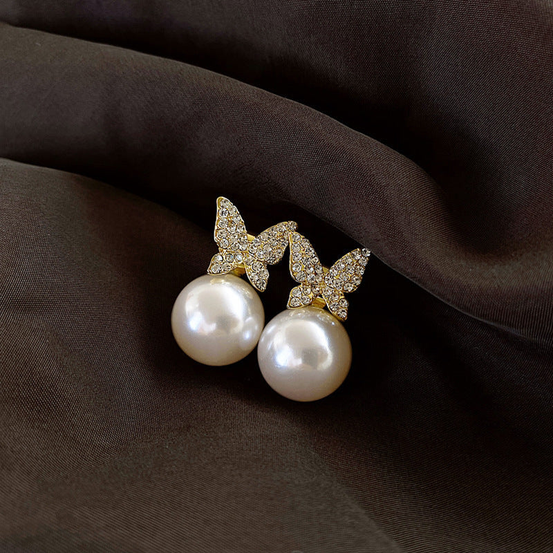 Chic Gold Plated Butterfly Pearl Zircon Stud Earrings for Girls