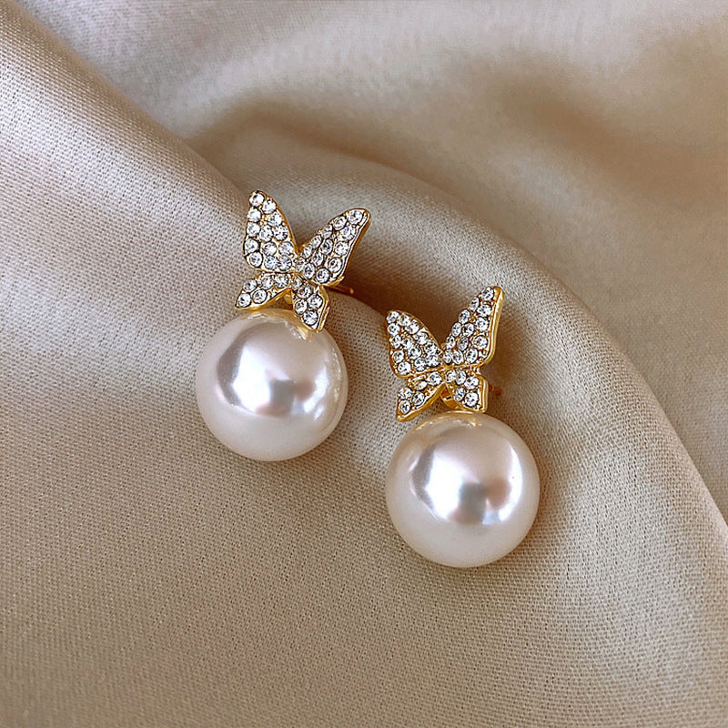 Chic Gold Plated Butterfly Pearl Zircon Stud Earrings for Girls