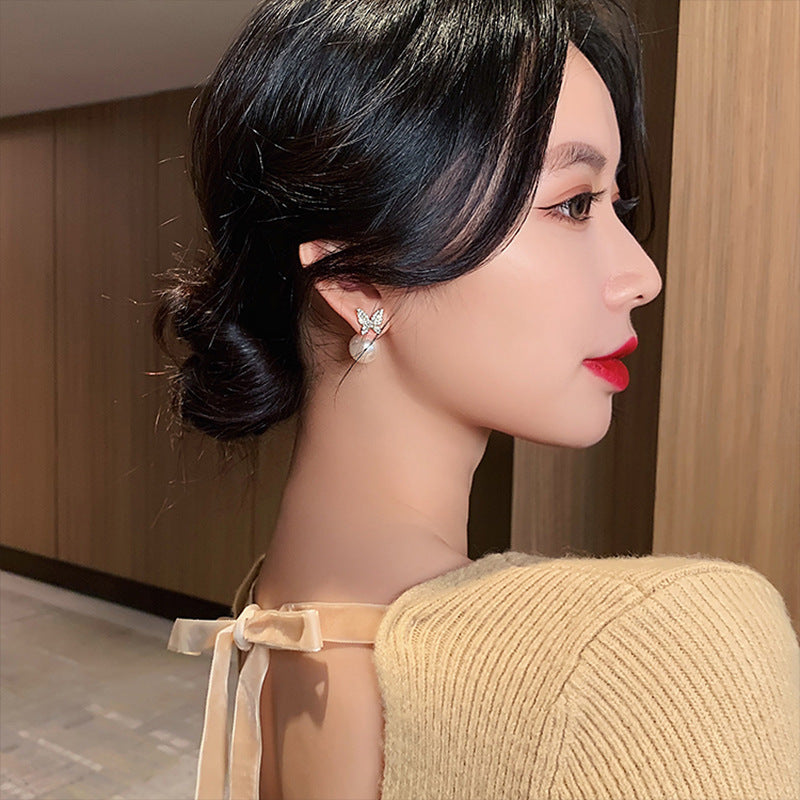 Chic Gold Plated Butterfly Pearl Zircon Stud Earrings for Girls