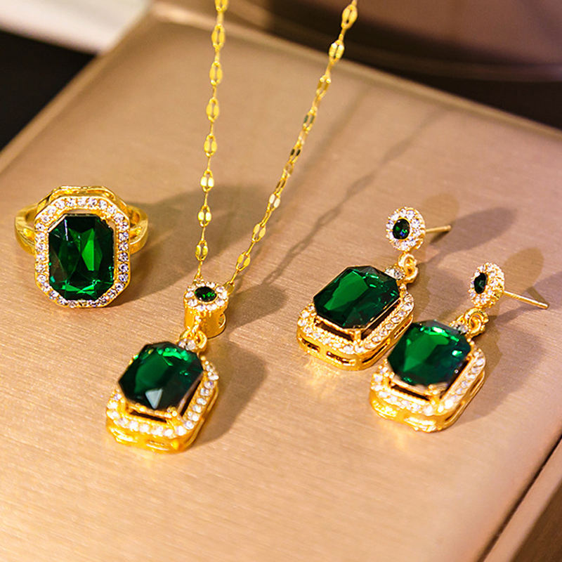 Vintage Zircon Crystal Jewelry Set with Necklace,Rings and Earrings for Weddings