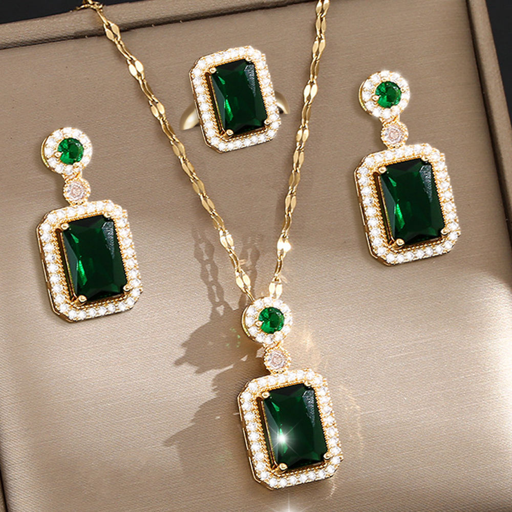 Vintage Zircon Crystal Jewelry Set with Necklace,Rings and Earrings for Weddings